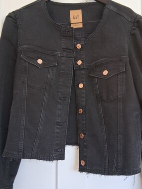 NWOT XL GAP Black Washed Denim Button-Front Jean Jacket Puff Shoulder